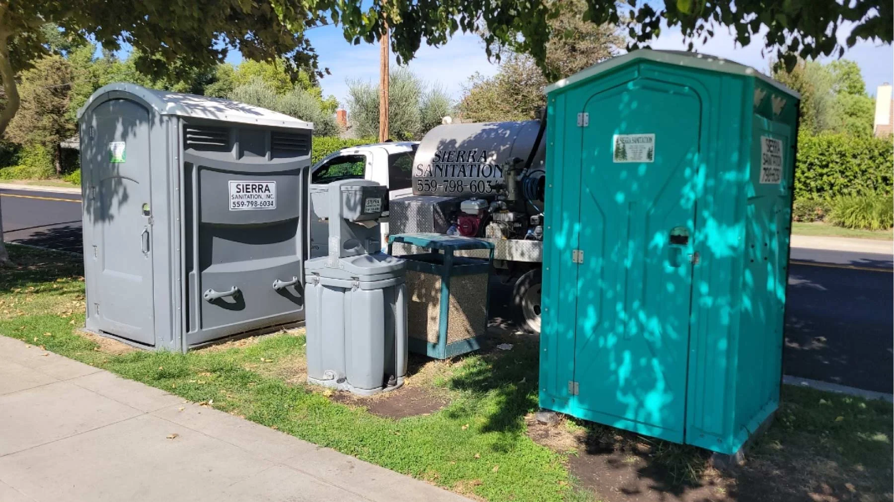 porta-potty standard porta potty and ada porta potty, handwash station, and pumping tank truck