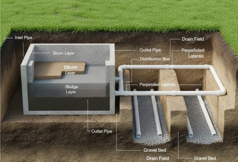 A detailed, labeled cutaway diagram showing the underground components of a septic system: inlet pipe, concrete tank with scum, effluent, and sludge layers, outlet pipe, distribution box, perforated laterals, and gravel bed drain field.